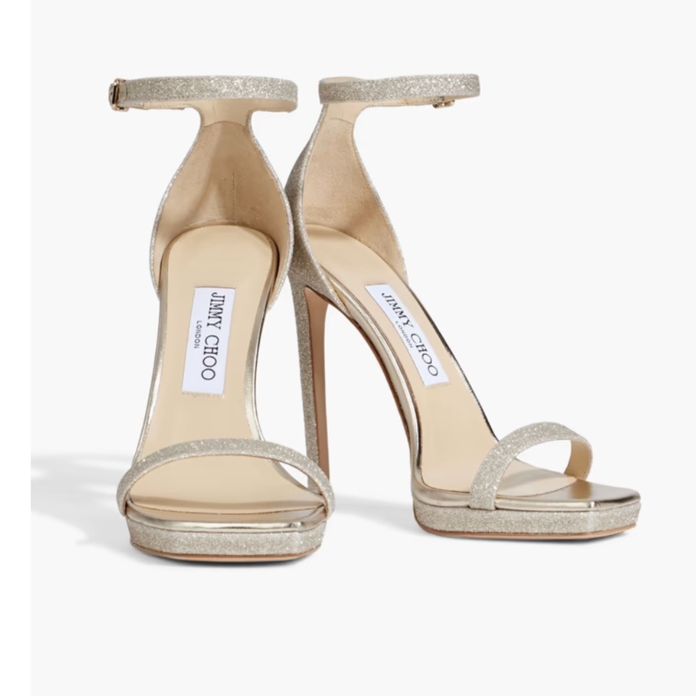 Jimmy Choo Glitter Gold Ankle-Strap Stilettos Size 38.5